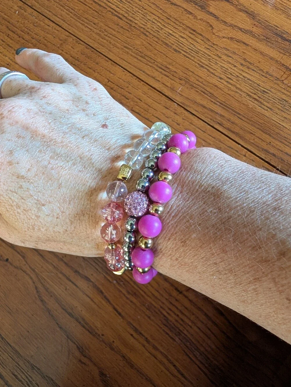 Rustic Cuff 3pc Pink Beaded Bracelet Stack Gold Silver Crystal Boho OS